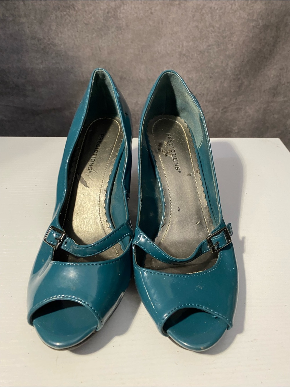 Predictions Womens 6.5W Teal Patent Peep Toe Wedge Heels Buckle Strap Pumps